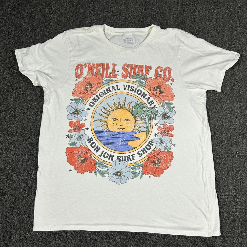 O'Neill Ron Jon Surf Shop T-Shirt Mens Medium White Graphic Tee Sun Flower EXCL